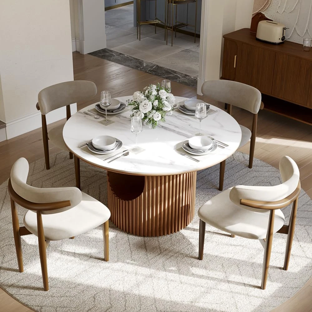 Round Dining Table Set for 4 – 47" Glossy White Sintered Stone Tabletop